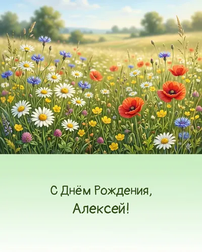 С Днём рождения, Алексей! — с полевыми цветами Открытка с днём рождения Алексей — с полевыми цветами