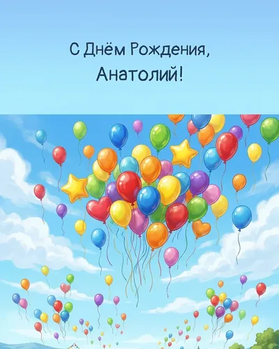 Открытка с днём рождения Анатолий — с воздушными шарами