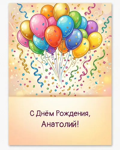 Открытка с днём рождения Анатолий — с шарами и конфетти