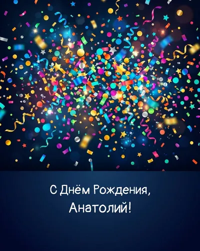 Открытка с днём рождения Анатолий — яркая с конфетти