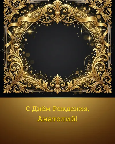 Открытка с днём рождения Анатолий — золотая на тёмном фоне