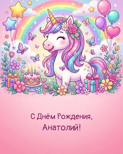 Открытка с днём рождения Анатолий — детская для девочки