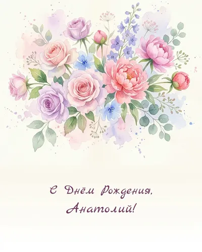 Открытка с днём рождения Анатолий — акварельная с цветами