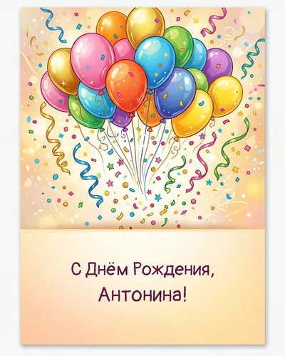 Открытка с днём рождения Антонина — с шарами и конфетти