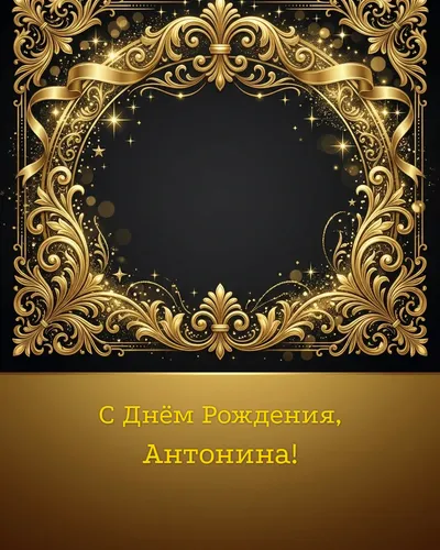 Открытка с днём рождения Антонина — золотая на тёмном фоне