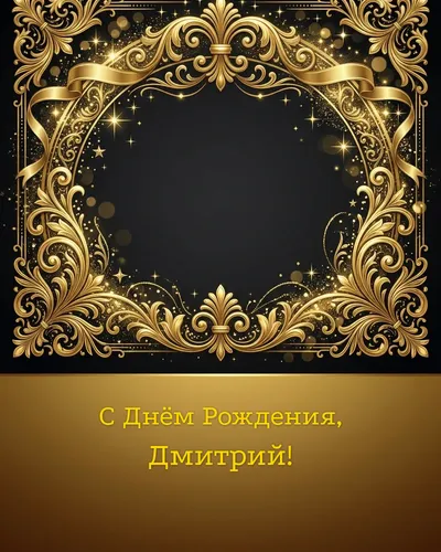 Открытка с днём рождения Дмитрий — золотая на тёмном фоне