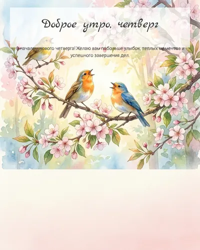 Картинка доброе утро, четверг — с птицами на цветущей ветке