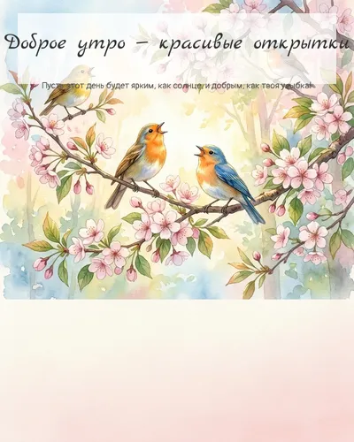 Картинка доброе утро — красивые открытки — с птицами на цветущей ветке