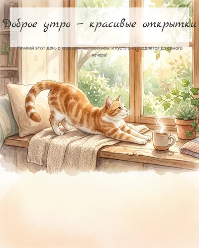 Картинка доброе утро — красивые открытки — с котиком у окна