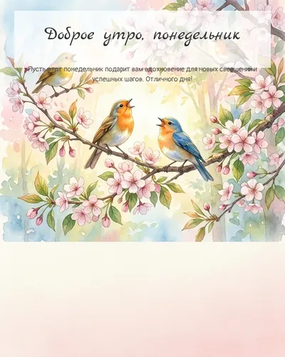 Картинка доброе утро, понедельник — с птицами на цветущей ветке