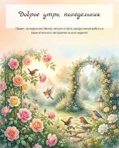 Картинка доброе утро, понедельник — с утренним садом
