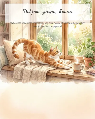 Картинка доброе утро, весна — с котиком у окна