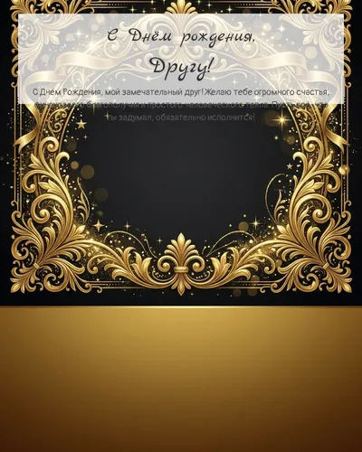 Открытка с днём рождения Другу — золотая на тёмном фоне