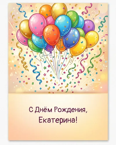 Открытка с днём рождения Екатерина — с шарами и конфетти