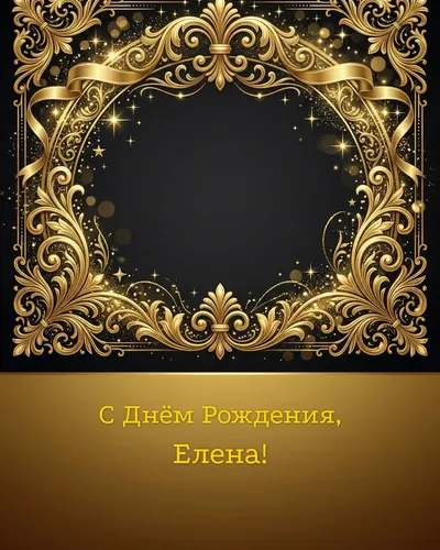 Открытка с днём рождения Елена — золотая на тёмном фоне