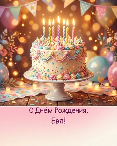 Открытка с днём рождения Ева — с праздничным тортом