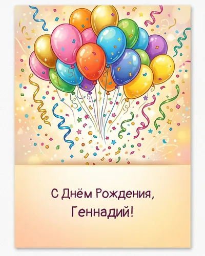 Открытка с днём рождения Геннадий — с шарами и конфетти