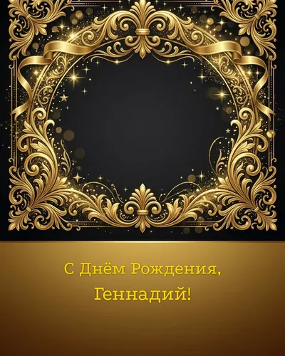 Открытка с днём рождения Геннадий — золотая на тёмном фоне