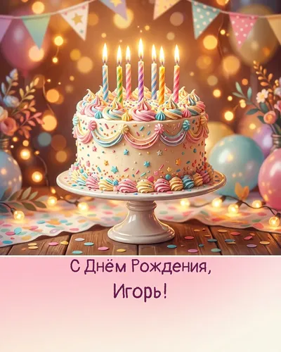 Открытка с днём рождения Игорь — с праздничным тортом