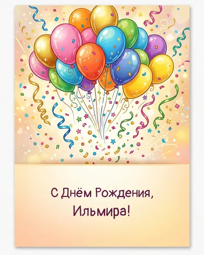 Открытка с днём рождения Ильмира — с шарами и конфетти
