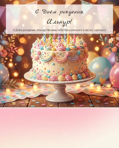 Открытка с днём рождения Ильнур — с праздничным тортом