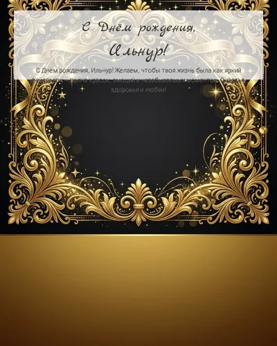 Открытка с днём рождения Ильнур — золотая на тёмном фоне