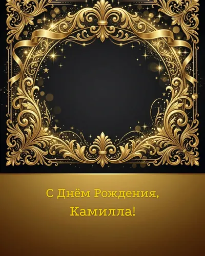 Открытка с днём рождения Камилла — золотая на тёмном фоне