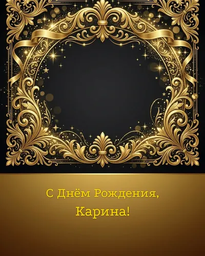 Открытка с днём рождения Карина — золотая на тёмном фоне