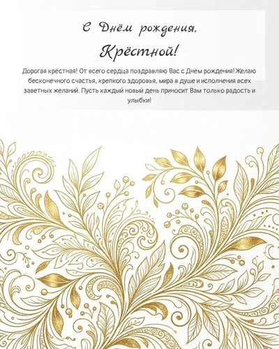 С Днём рождения, Крёстной! — золотая на светлом фоне Открытка с днём рождения Крёстной — золотая на светлом фоне