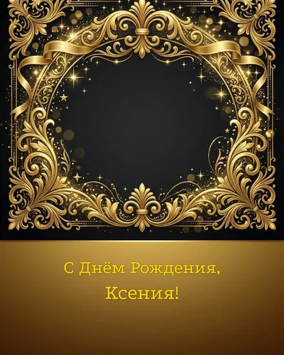 Открытка с днём рождения Ксения — золотая на тёмном фоне