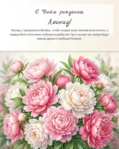 С Днём рождения, Леонид! — с пионами Открытка с днём рождения Леонид — с пионами
