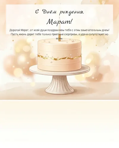 Открытка с днём рождения Марат — с минималистичным тортом