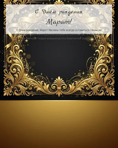 Открытка с днём рождения Марат — золотая на тёмном фоне