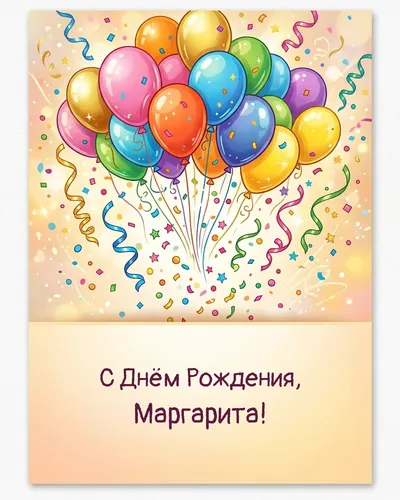 Открытка с днём рождения Маргарита — с шарами и конфетти