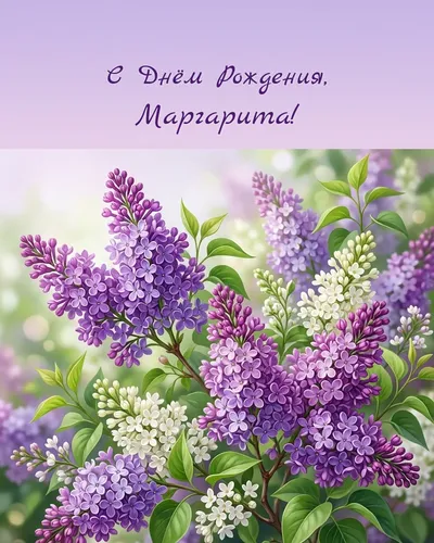 Открытка с днём рождения Маргарита — с сиренью