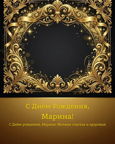 Открытка с днём рождения Марина — золотая на тёмном фоне