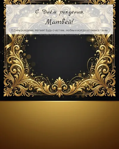 Открытка с днём рождения Матвей — золотая на тёмном фоне