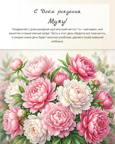 С Днём рождения, Мужу! — с пионами Открытка с днём рождения Мужу — с пионами