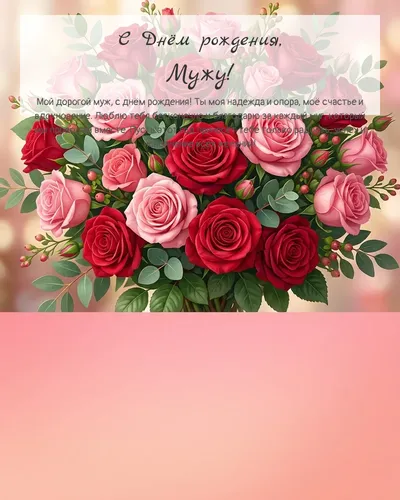 С Днём рождения, Мужу! — с букетом роз Открытка с днём рождения Мужу — с букетом роз