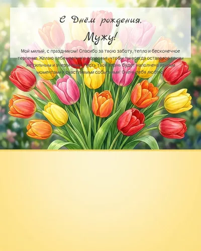 С Днём рождения, Мужу! — с тюльпанами Открытка с днём рождения Мужу — с тюльпанами