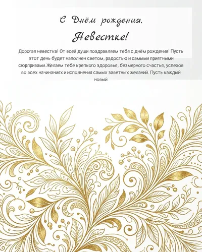 Открытка с днём рождения Невестке — золотая на светлом фоне
