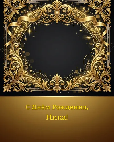 Открытка с днём рождения Ника — золотая на тёмном фоне