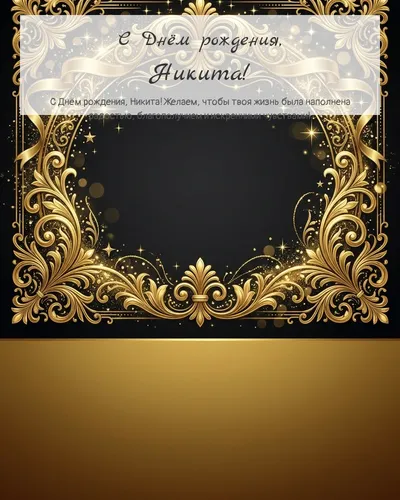 Открытка с днём рождения Никита — золотая на тёмном фоне