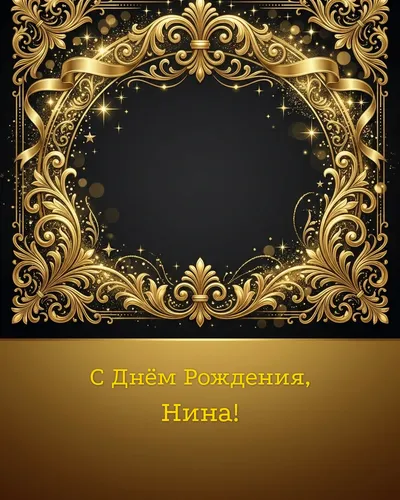 Открытка с днём рождения Нина — золотая на тёмном фоне