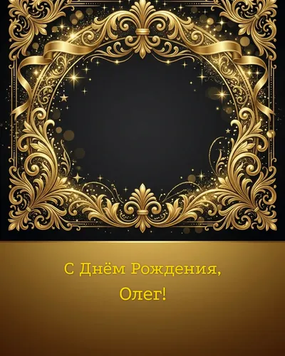 Открытка с днём рождения Олег — золотая на тёмном фоне