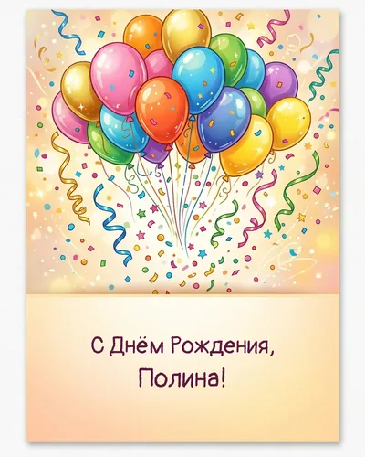 Открытка с днём рождения Полина — с шарами и конфетти