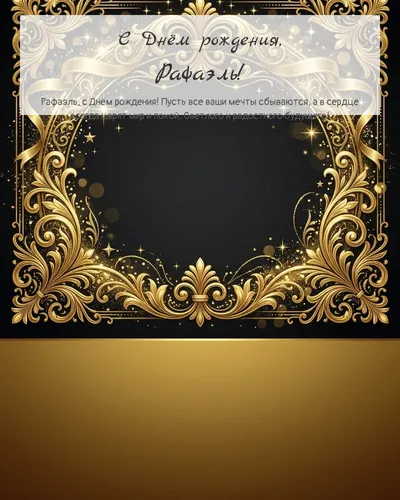 Открытка с днём рождения Рафаэль — золотая на тёмном фоне