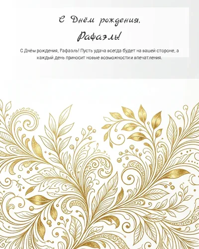 Открытка с днём рождения Рафаэль — золотая на светлом фоне
