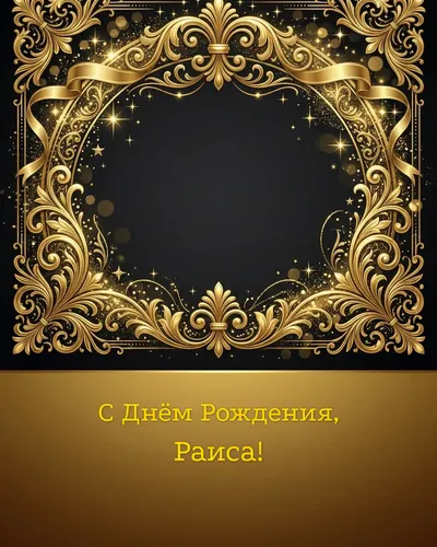 Открытка с днём рождения Раиса — золотая на тёмном фоне