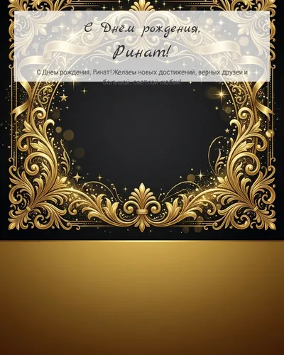 Открытка с днём рождения Ринат — золотая на тёмном фоне